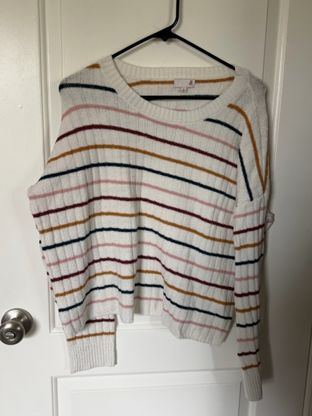 SO Striped Ribbed Knit Sweater - White with Earth Tone Stripes - Large